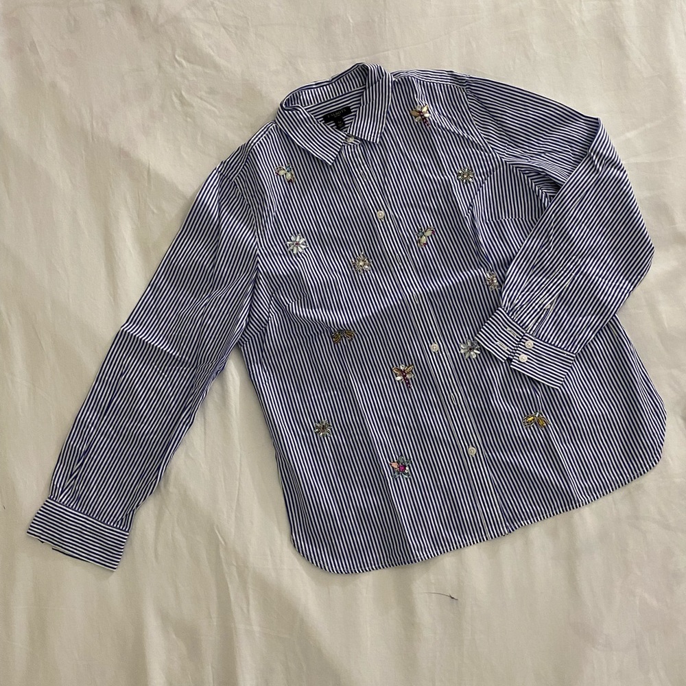 Talbots Blue & White Dragonfly Gems Blouse